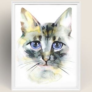 Watercolor Cute Cat Portrait Wall Art Illustration Print Poster Unframed